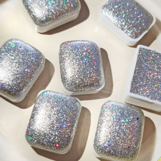 Watercolor craft glitter holographic 1/4 godet holo silver chrome base paint calligraphy handmade HOLO PYXIS